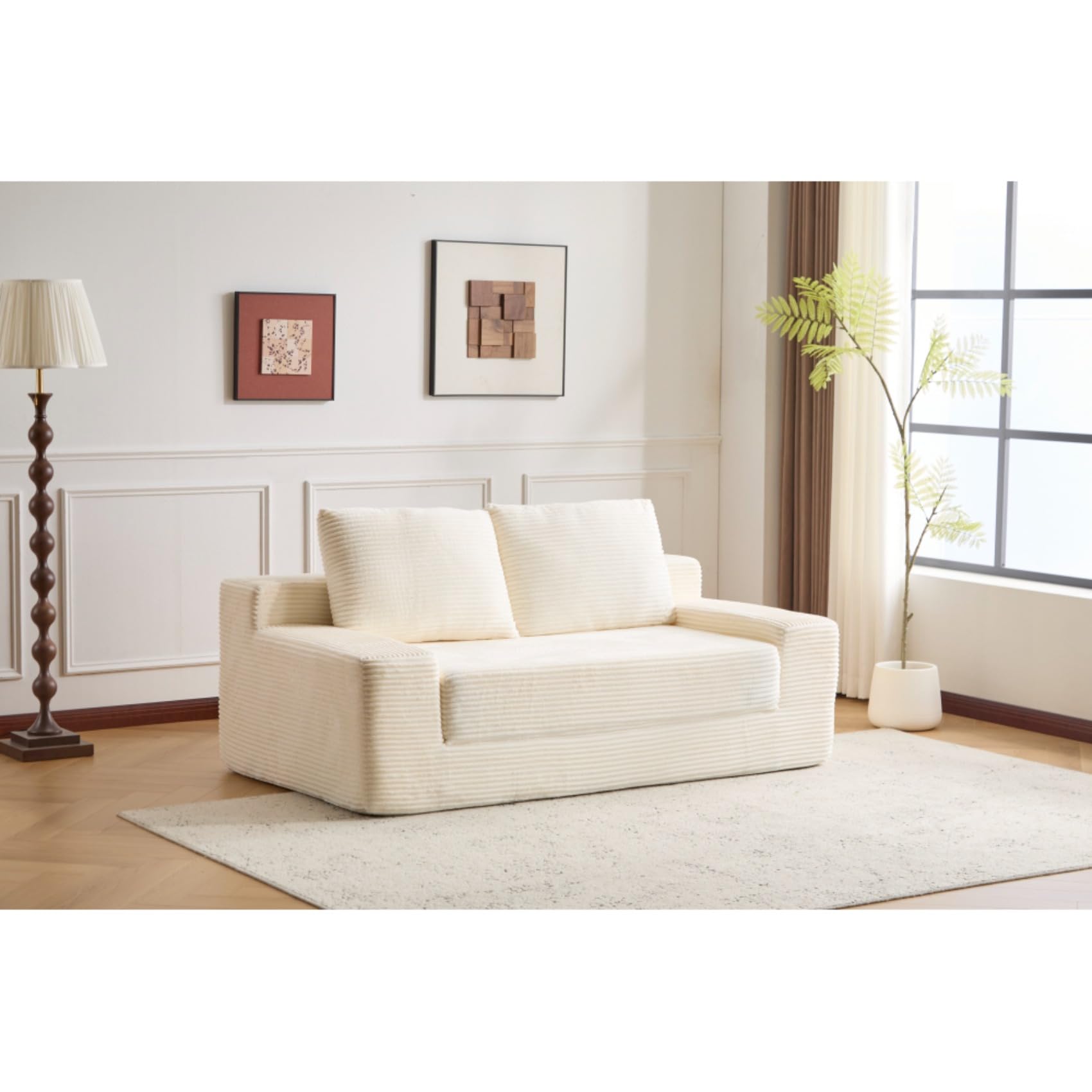 Modern Convertible Love Seat Sleeper Sofa with Square Arm Small Corduroy Boneless Couch Lounge Deep Seat Sofa Bed
