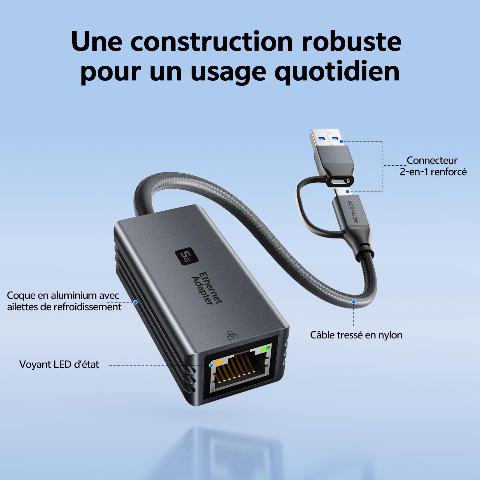 5G Adaptateur USB3.0 vers Ethernet, USB-C vers RJ45 Réseau LAN | USB-C/USB-A | Aluminium & Tressé | Windows, macOS, Linux, Android | pour NAS, PC, MacBook, XPS, Surface | Plug & Play