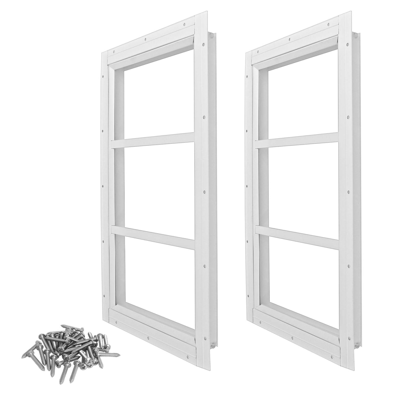 2 Pack Shed Windows 10'' x 18'' White Flush Mount with Tempered Glass for Playhouse Windows, Chicken Coop Windows, Garage and Barns (No Screen)