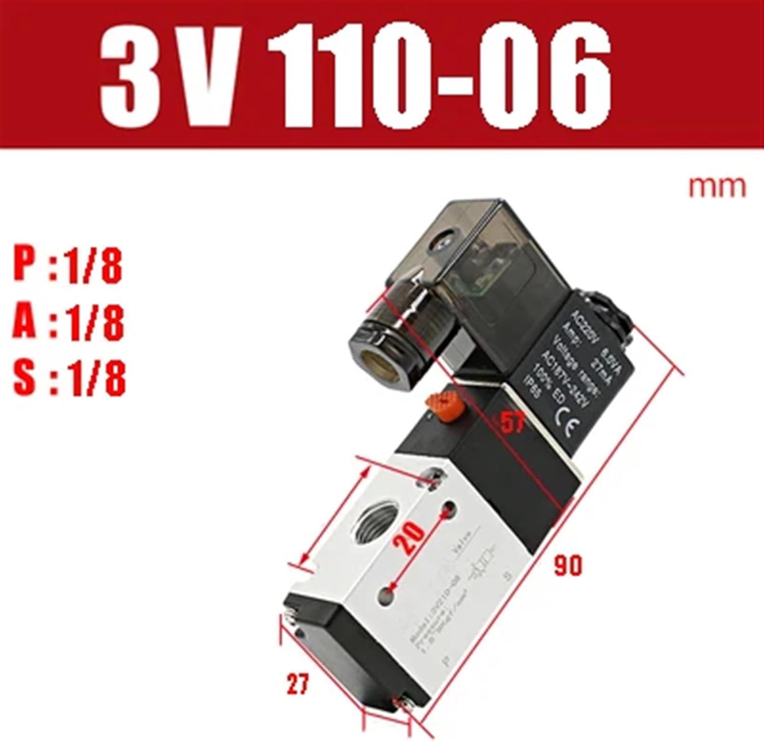 3V110-06 12V 1/8" Solenoid Valve 3 Way Pneumatic Air Control Valve Electric Gas Magnetic Valve Alumium Body(Led 3v110-06,DC12V)
