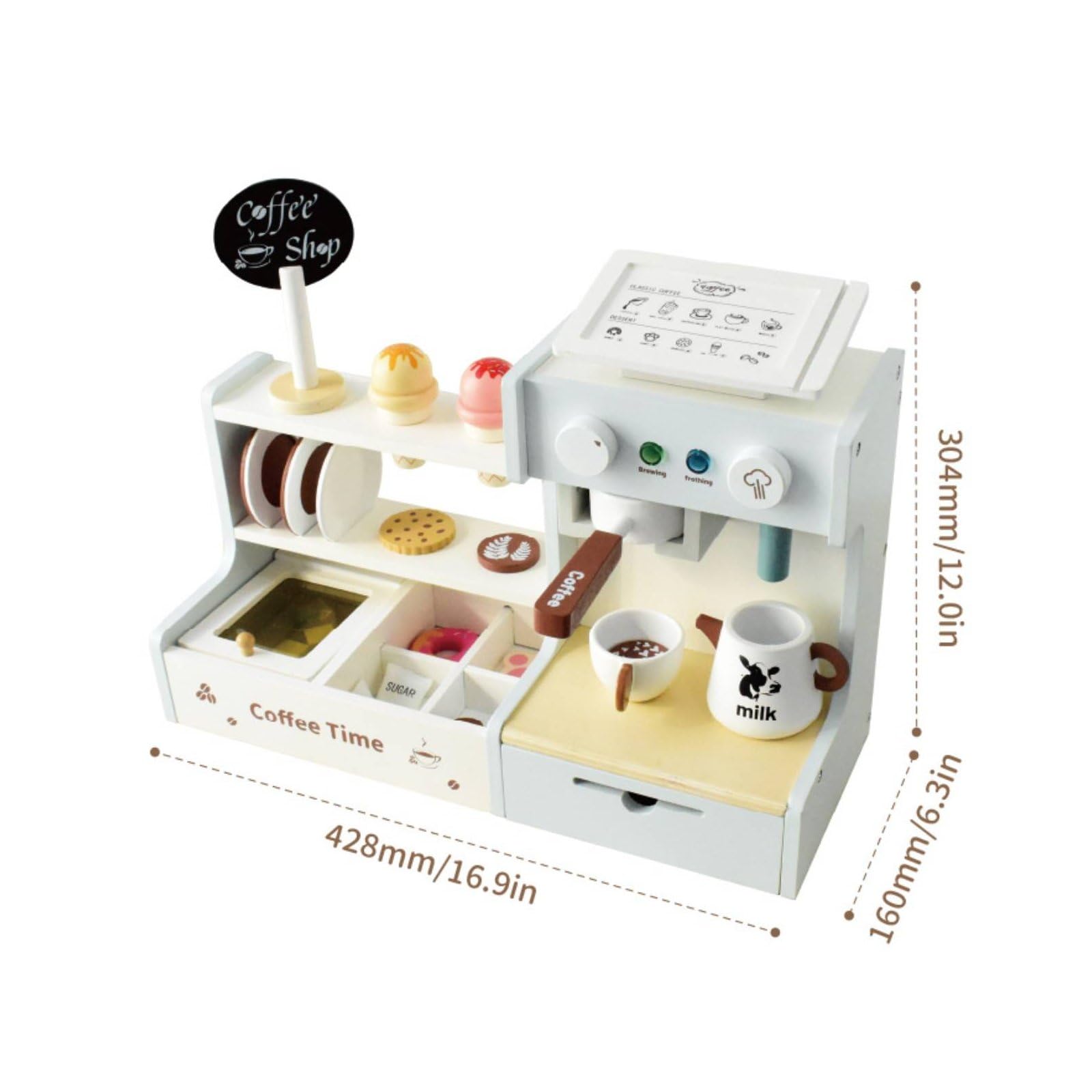 Harilla Set Caffetteria Giocattolo in Legno Macchina Caffè Accessori Servizio Carta Ordini Monete Finte Vernice a Base d'Acqua Adatto a Bambini Casa Scuola Apprendimento Creativo
