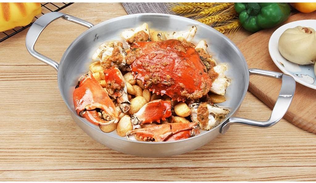 Spanish Style Stainless Steel Paella Pan -, Fast Heating, Stick - for Camping and Home Cooking - Mini Hot Pot Cookware - Silver 22cm