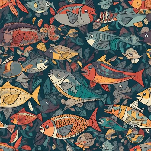 REDAMANCY Red/Yellow/Blue Fish Sea Underwater Abstract Art Peel and Stick Wallpaper Stick on Contact Paper Vintage Wall Paper Easy Peel Off for nightstand Drawer Cabinet Renter