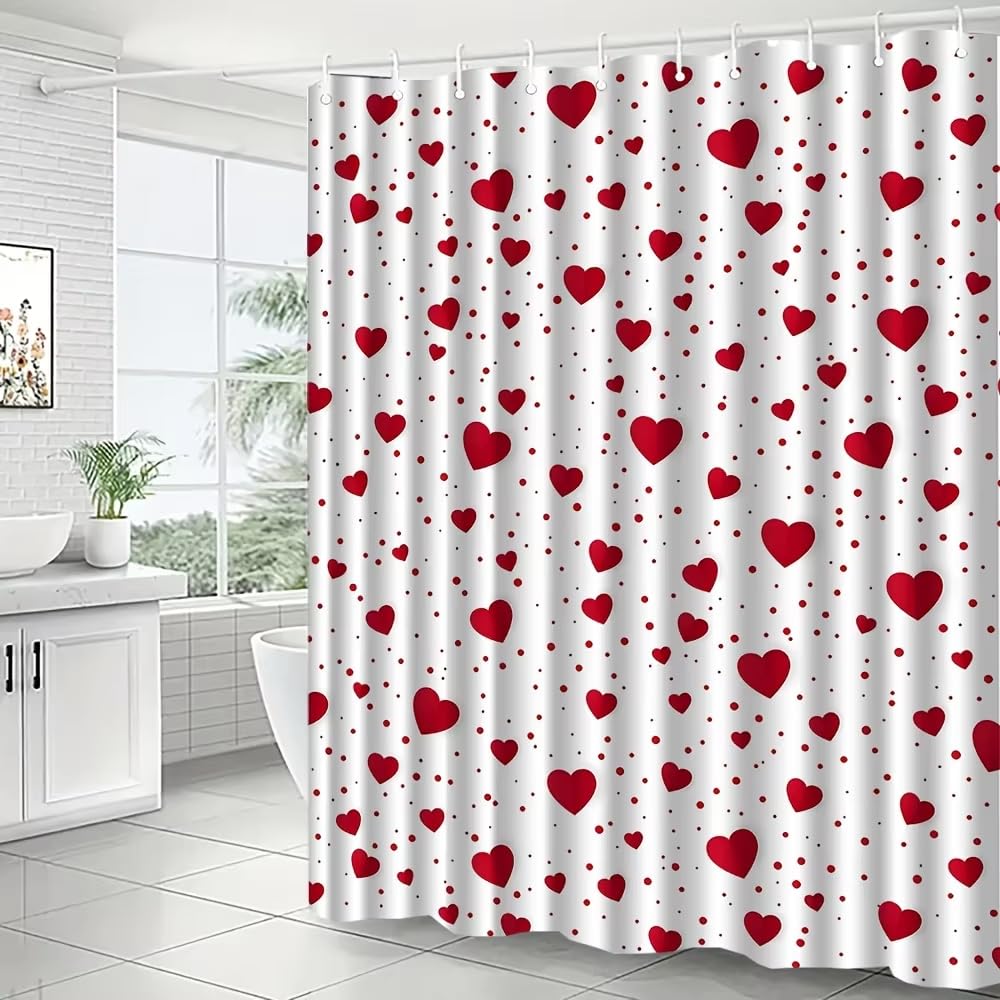JGGXHM 1pc Red Heart-Patterned Shower Curtain Waterproof Polyester Fabrics Bathroom Curtain with Hooks Bathtub Decor Bath Screen(180x180cm/WxH)