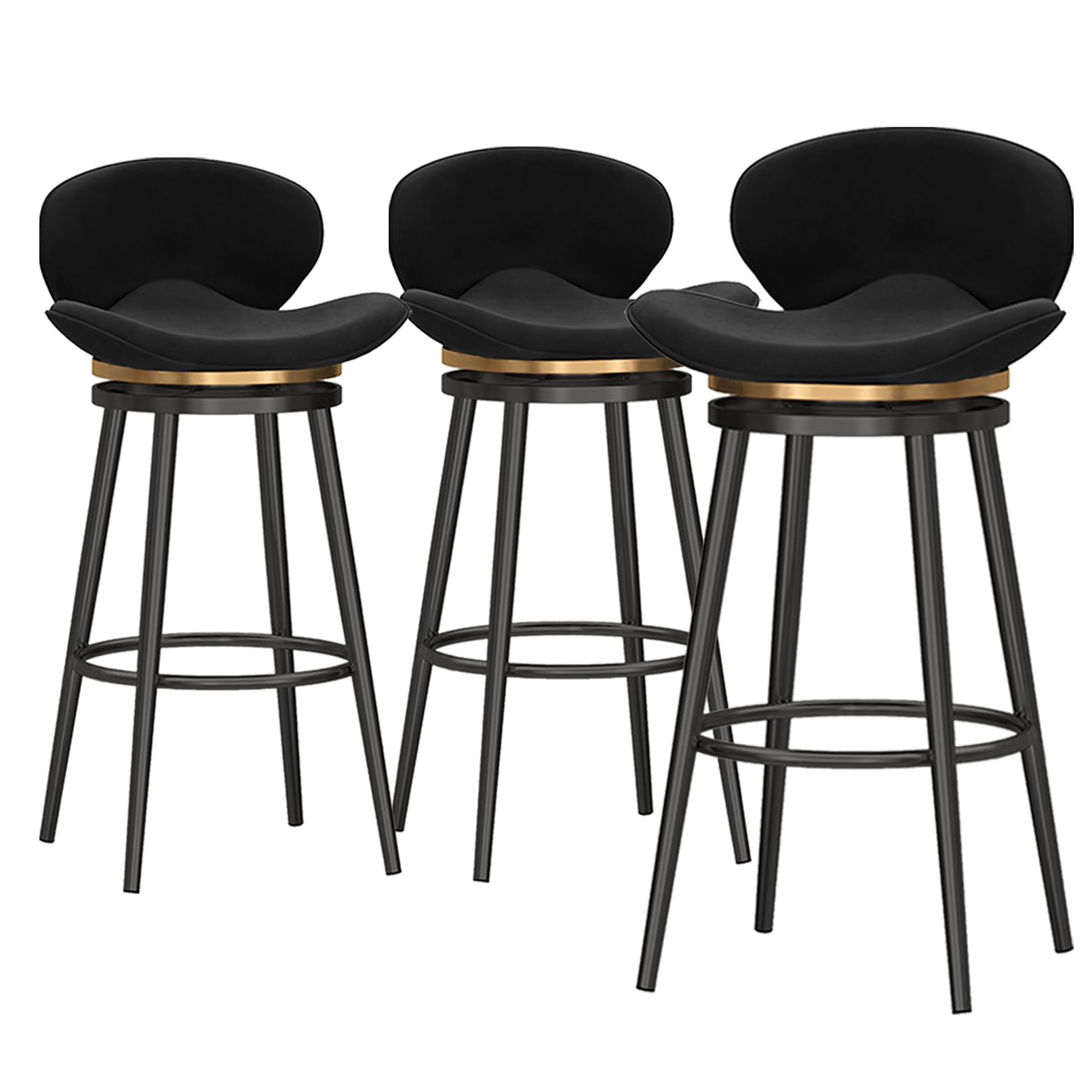 Juego de 3 taburetes de Bar giratorios Modernos de Terciopelo con reposapiés y Respaldo, taburetes de Cocina, sillas Altas de Comedor con Tirador de aro, Altura del Asiento 75 cm, Color Negro