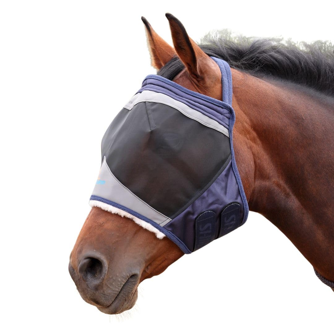 Shires FlyGuard Pro Fine Mesh Earless Fly Mask – Pony Size | Lightweight Polyester Fly & Insect Protection | Breathable Fine Mesh for Turnout, Grazing & Stable Use | Navy Colour