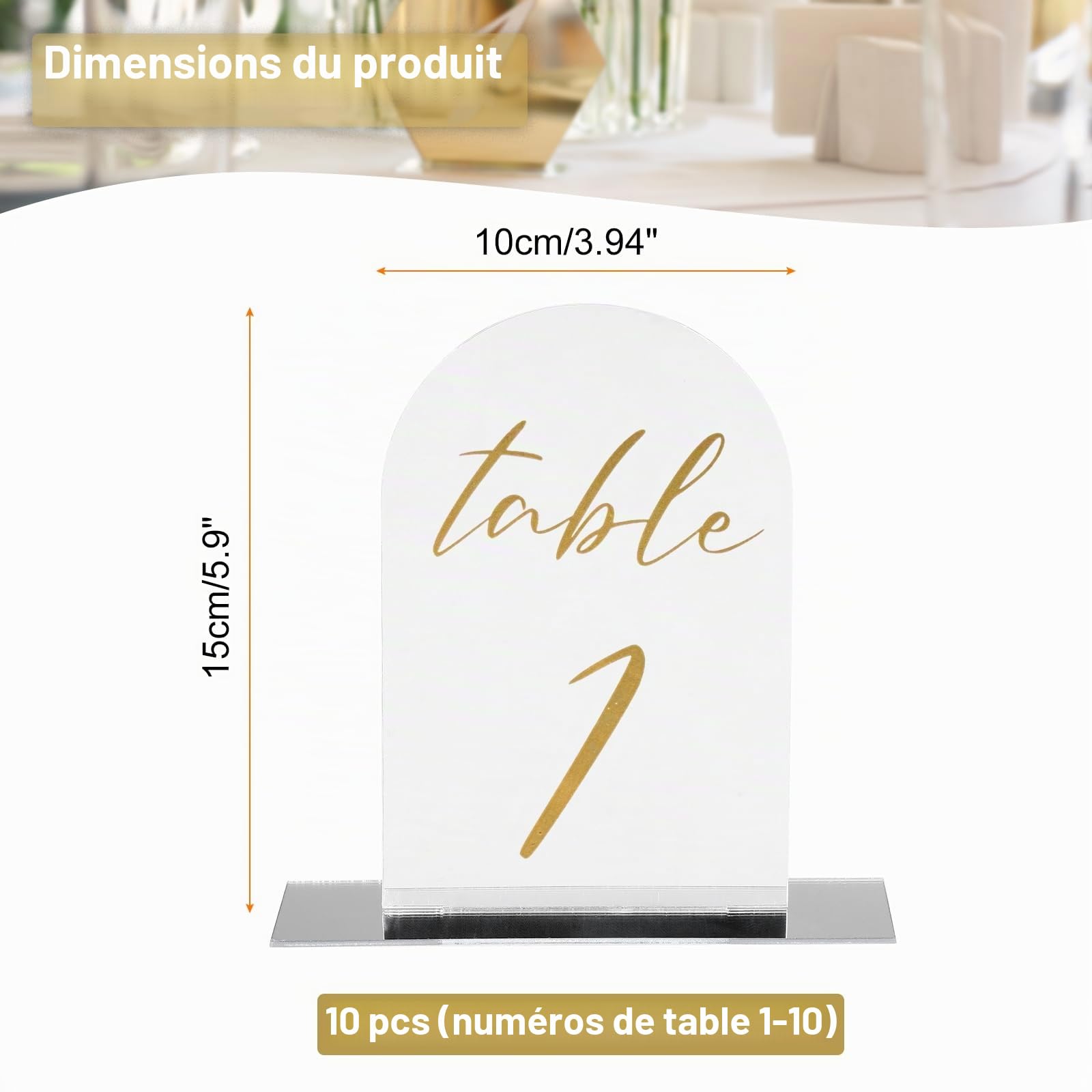 PATIKIL Numéros de Table Mariage 1-10, 15x10cm Support Plaque de Numéro de Table Acryliques pour Marque Place Mariage Fête Anniversaire Réceptions Événements, Fond Spéculaire Texte Doré
