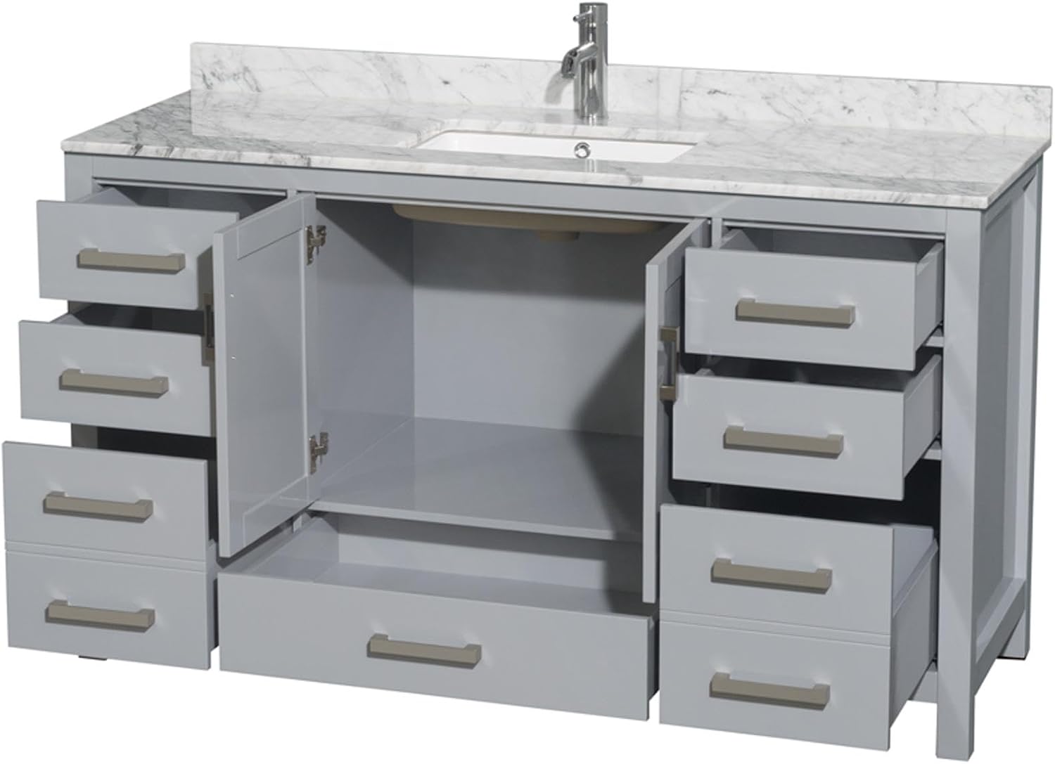 Wyndham Collection Sheffield 60 inch Single Bathroom Vanity in Gray, White Carrara Marble Countertop, Undermount Square Sink, and No Mirror