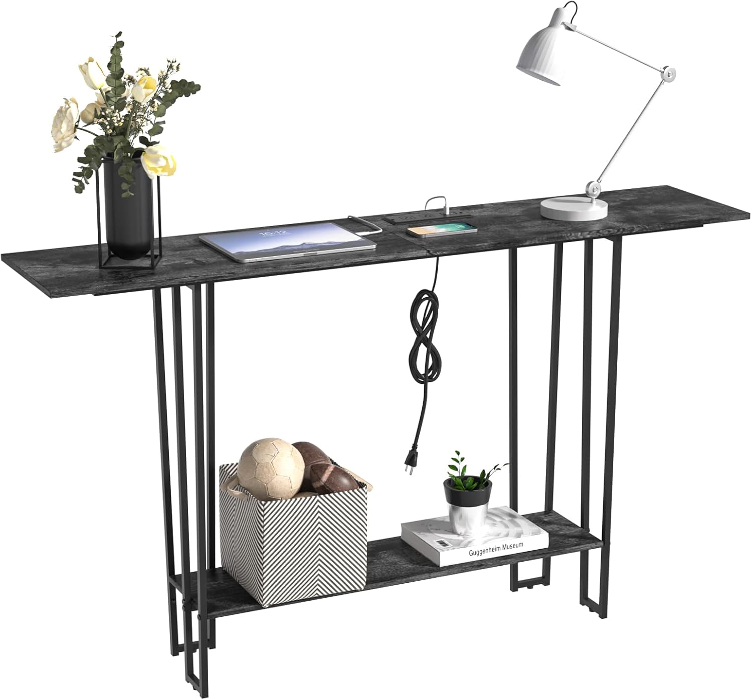 VECELO 55.1" Couch Side & Console Table with 2 Outlets, 2 USB Ports and Extra Long 9.8 Feet Power Code, for Sofa Side, Entryway, Living Room, Furnitures with Sturdy Metal Frame, Large Shelf, Grey