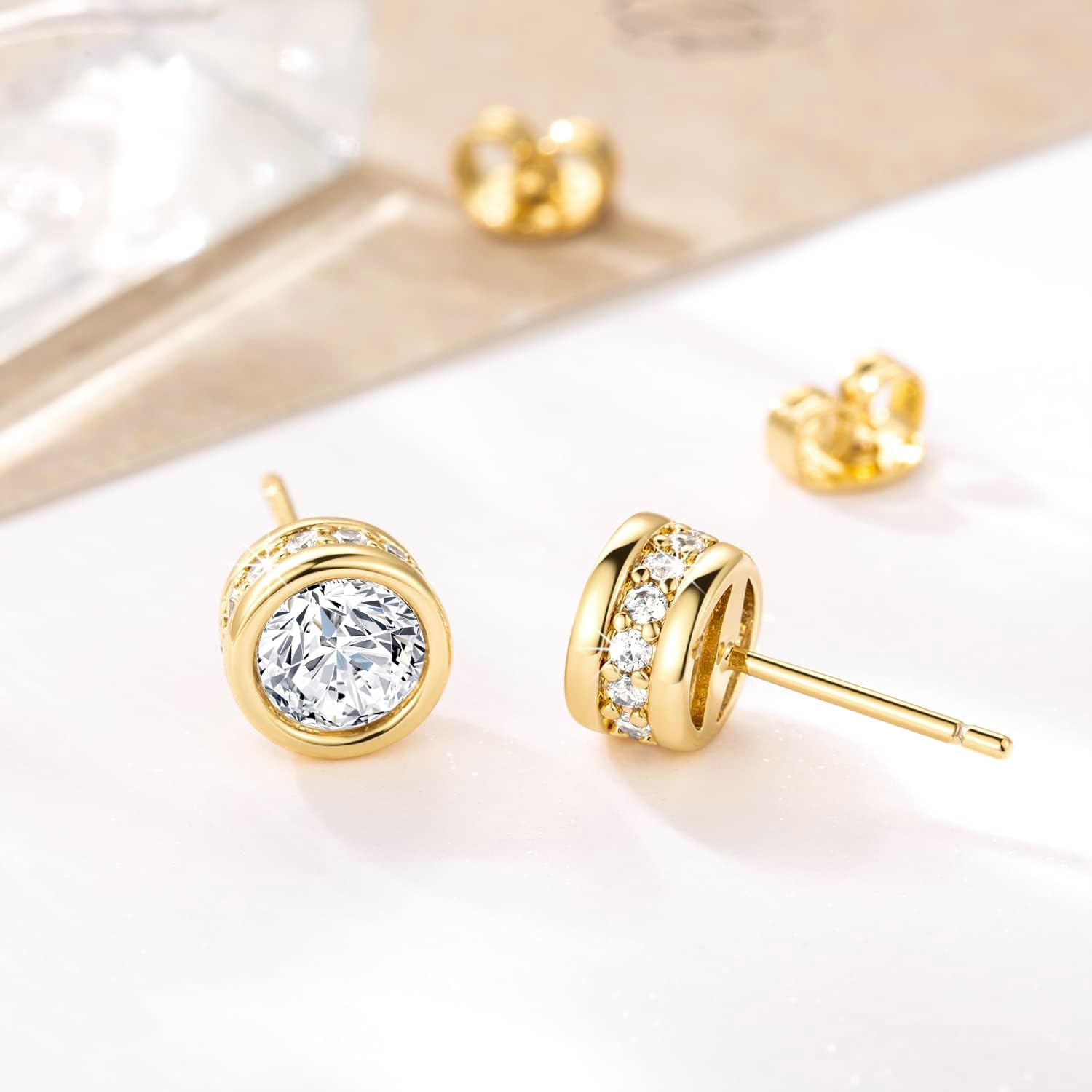 14K Gold Stud Earrings for Women Round Brilliant Cubic Zirconia Earrings Studs White/Black Dainty Gold Earring for Womens Stud - Image 5