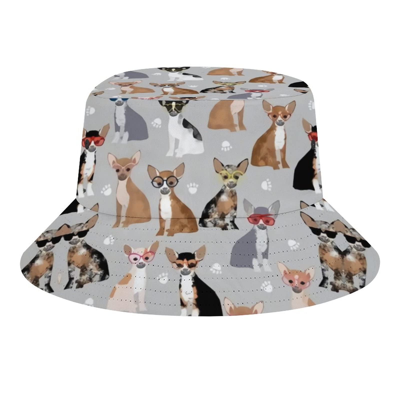 Djngn Unisex As Pic Chihuahua Dog Glasses Dog Grey Bucket Hat Fisherman Hat Travel Beach Sun Hat Cap