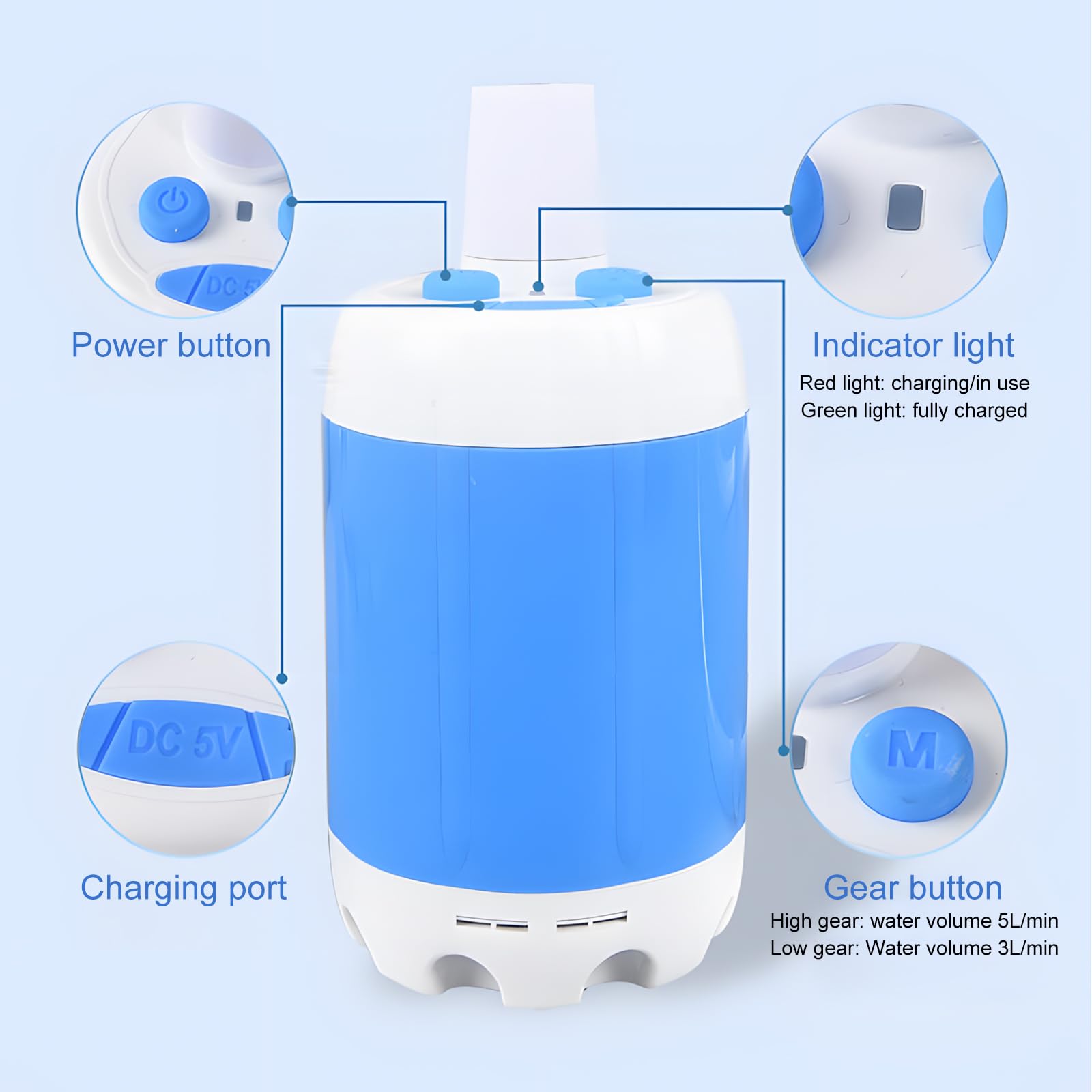 Douche de camping portable avec pompe rechargeable, douche de camping avec pompe, pommeau et tuyau de 2 m, jet haute pression, douches mobiles de plein air, douches extérieures pour lavage de voiture
