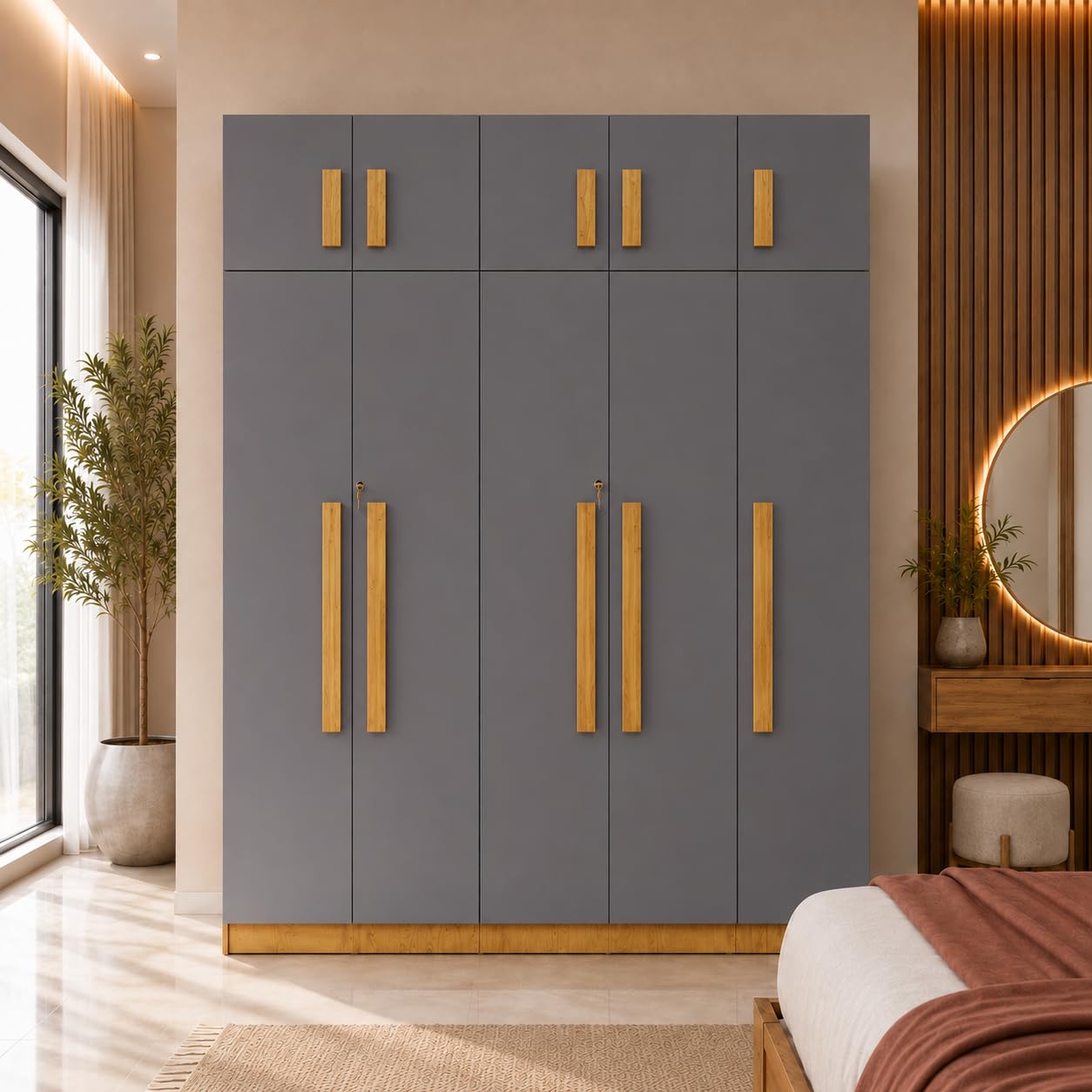 Bniture 5 Door Wardrobe with Loft Wooden Almirah for Bedroom | Engineered Wood Wardrobe with Hanging Space, Shelves, Lockable Doors & Premium Wooden Handles | 3 Years Warranty (Grey & Giant Wood)-image-10