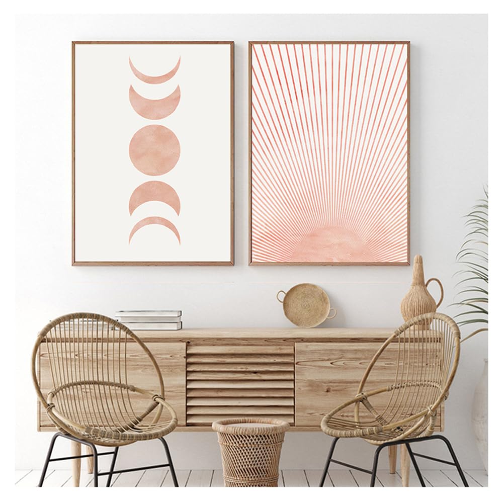Wuhbcz Multicolored Art Decor,Print Neutral Wall Picture Boho Abstract Sun Art Painting Moon Phases Poster Mid Century Modern Wall Art Canvas Bedroom Home Decor-40 * 50Cm*2Pcs (No Frame)
