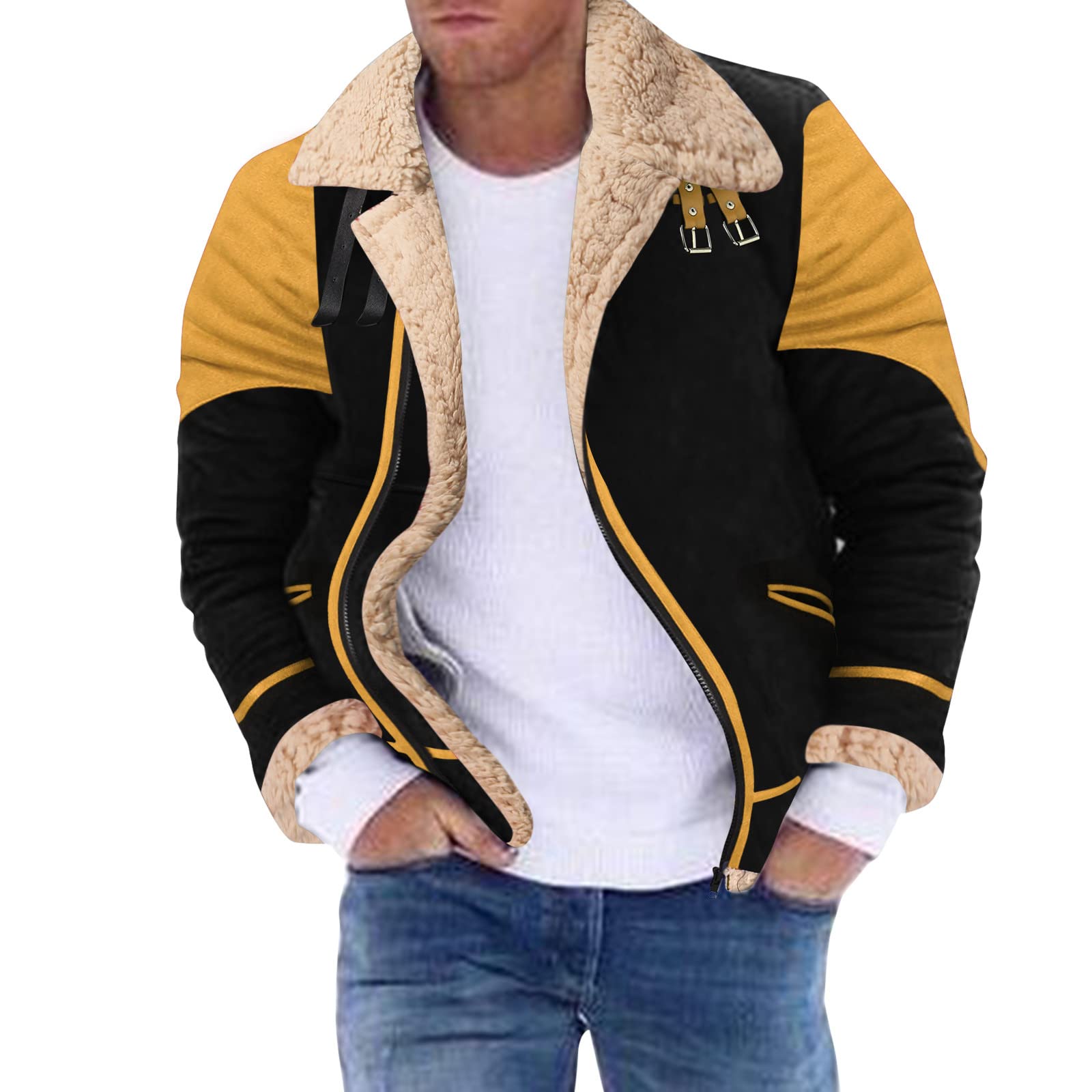 Chaqueta de aviador de solapa para hombre, forro de piel sintética, chaqueta gruesa de patchwork de piloto para hombre, chaqueta de invierno cálida de softshell