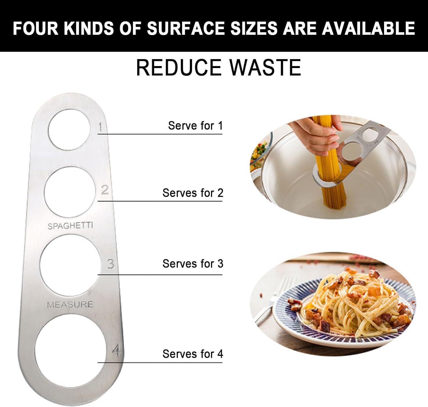 LATRAT 3 cucharas de espaguetis de acero inoxidable con 4 agujeros de medición, herramientas de cocina
