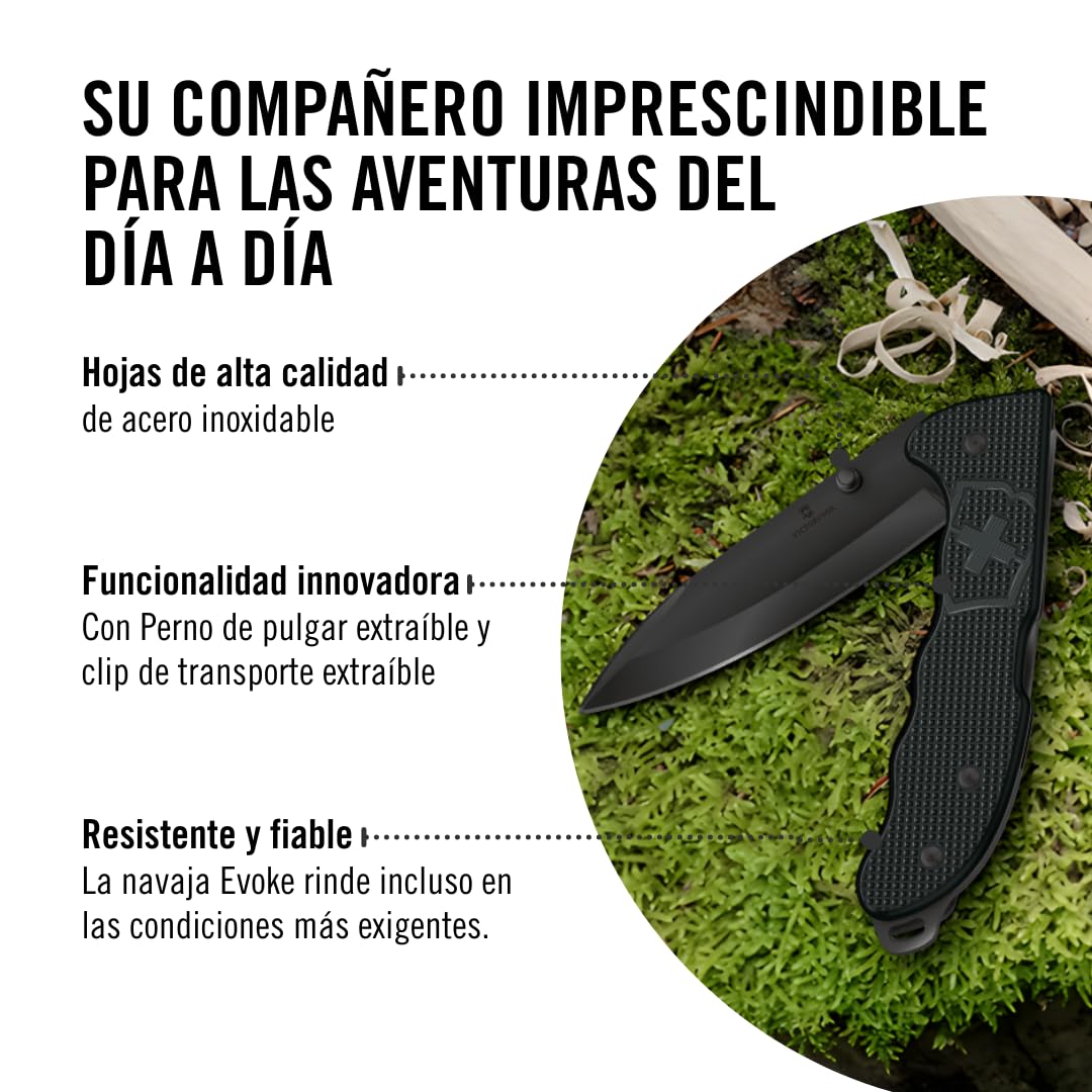 Victorinox Navaja suiza de bolsillo Hunter Evoke Alox, navaja plegable outdoor, 4 funciones, incl. hoja de 10 cm y perno de pulgar extraíble, negro