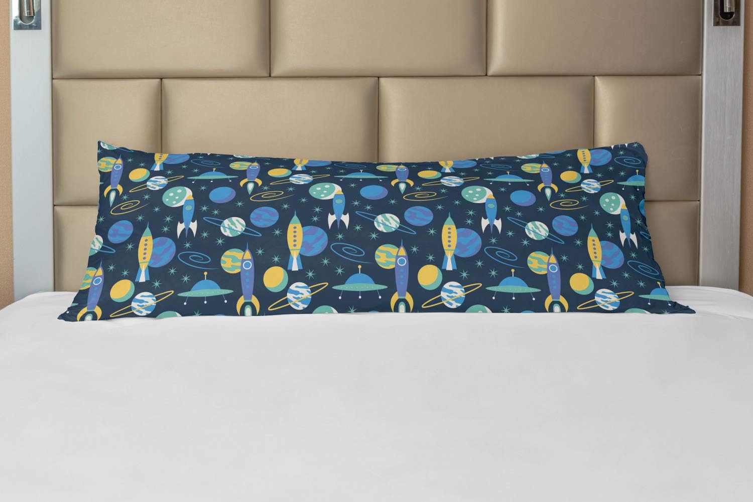 Ambesonne Rockets Body Pillow Case Cover with Zipper, Planets Travel Transport Galaxy Stars Spaceship, Decorative Accent Long Pillowcase, 21" x 54", Mustard Deep Sky Blue