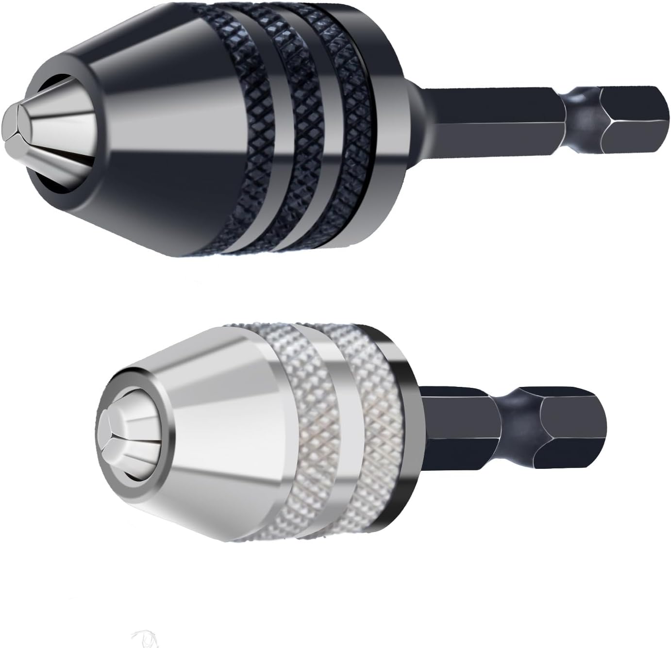 2 Pack Keyless Drill Chuck Adapter 1/4 Hex Shank for Impact Driver, Dremel, Hand Drill - Universal Drill Chuck with Magnetic & Hammer Drill Features, Black Sizes 0.3-6.5mm & Silver Sizes 0.3-3.4mm