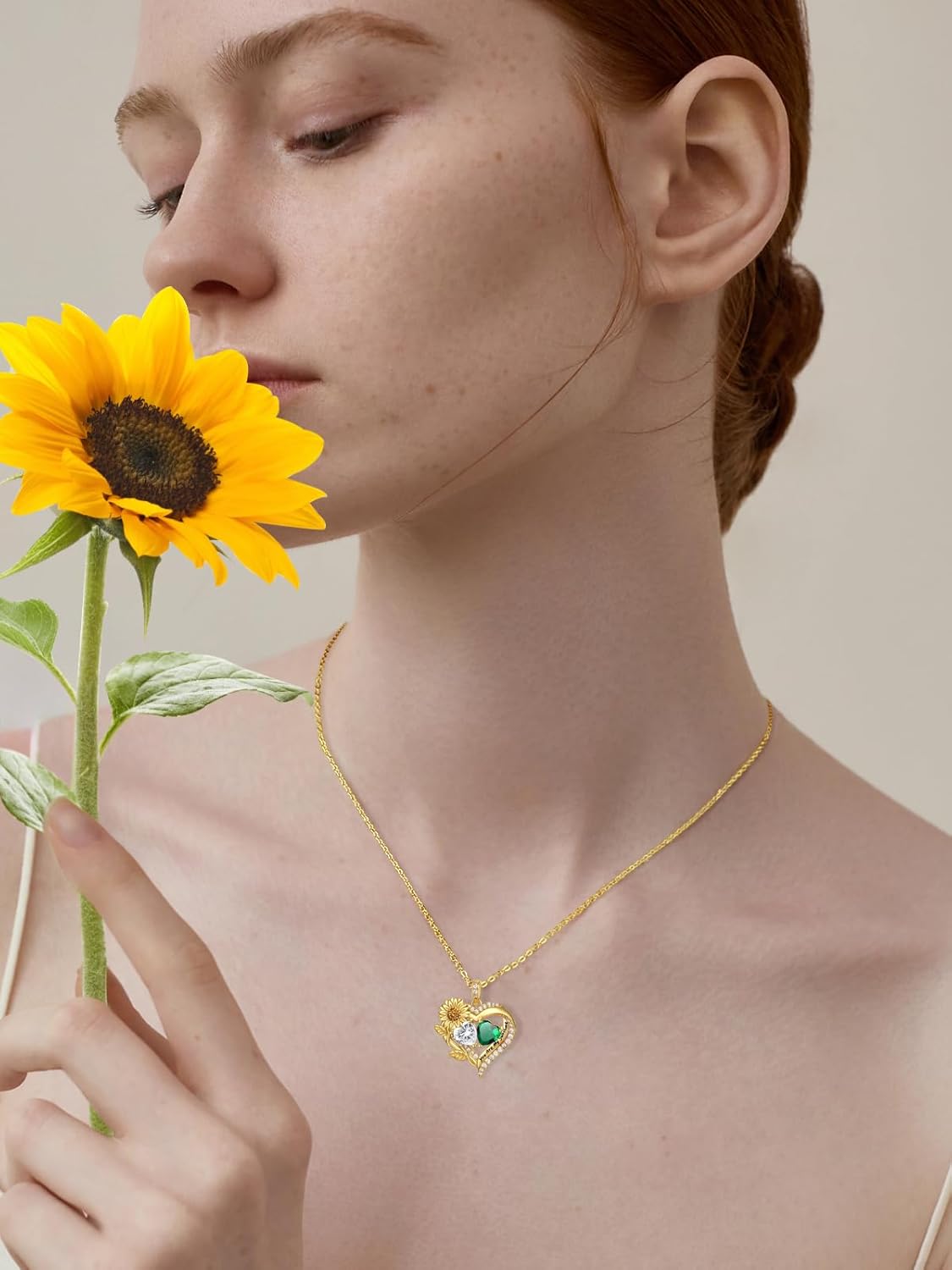 Sunflower Heart Necklace for Women 14K Gold Exquisite Valentines Day Anniversary Birthday Gifts for Wife Mother Her Double Birthstone Pendant Jewelry‘You Are My Sunshine’ - Image 4