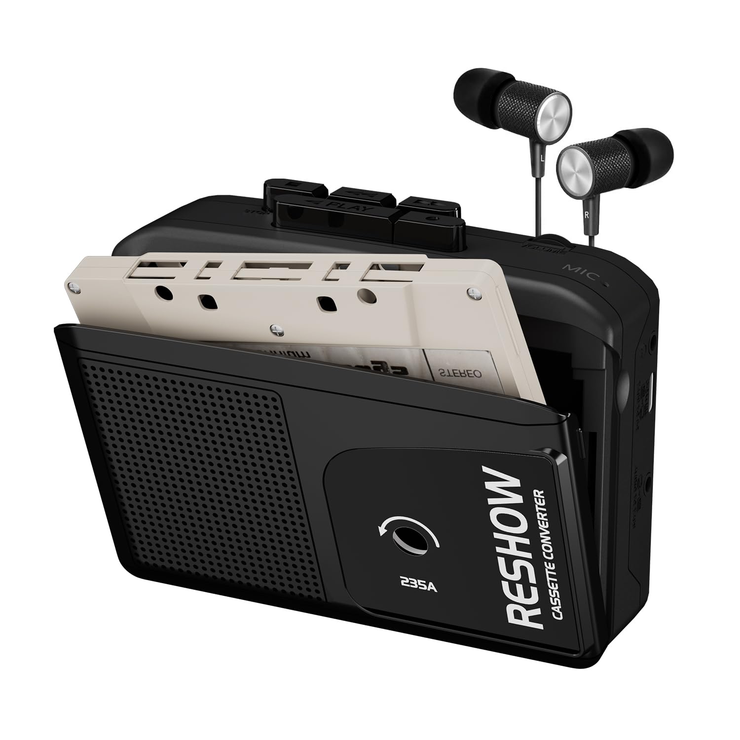 Reshow Kassettenspieler tragbar, eingebautes Mikrofon & Lautsprecher, USB Kassette zu MP3 Konverter, umgekehrte Aufnahme auf Band, Kassettenrecorder mit Kopfhörer（Schwarz）