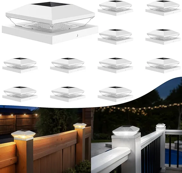 T-SUN Solar Fence Post Cap Lights 12 Pack – Outdoor Waterproof Solar Powered Deck Post Lights for 3.5x3.5 4x4 5.5x5.5 6x6 Vinyl/Wooden Posts – Warm/Cool White Modes for Porch,Yard,Walkway,Gate