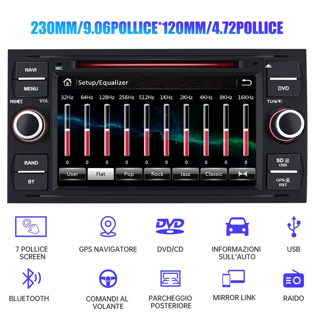 AWESAFE 7 Pollici Wince Autoradio 2 Din per Ford Focus Fiesta Kuga C/S-Max Fusion Transit Galaxy Mondeo (2005-2007) Car Radio con Bluetooth Vivavoce, CD DVD USB BT FM AM MirrorLink