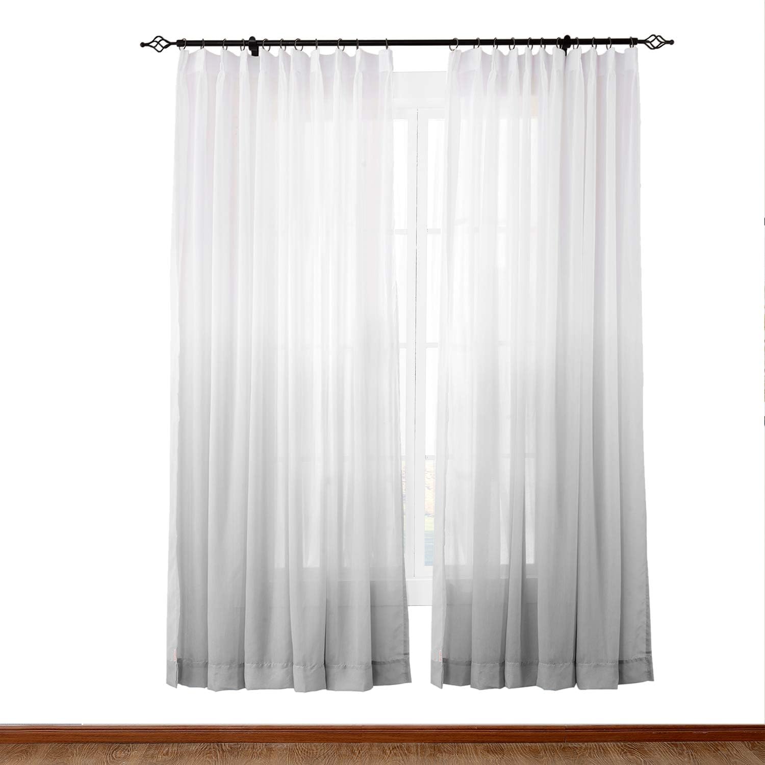 TWOPAGES 52" W X 102" L Wide Indoor Outdoor Pinch Pleat Gradient Ombre Sheer Curtain Grey Tulle Gradual Drapes (1 Panel)