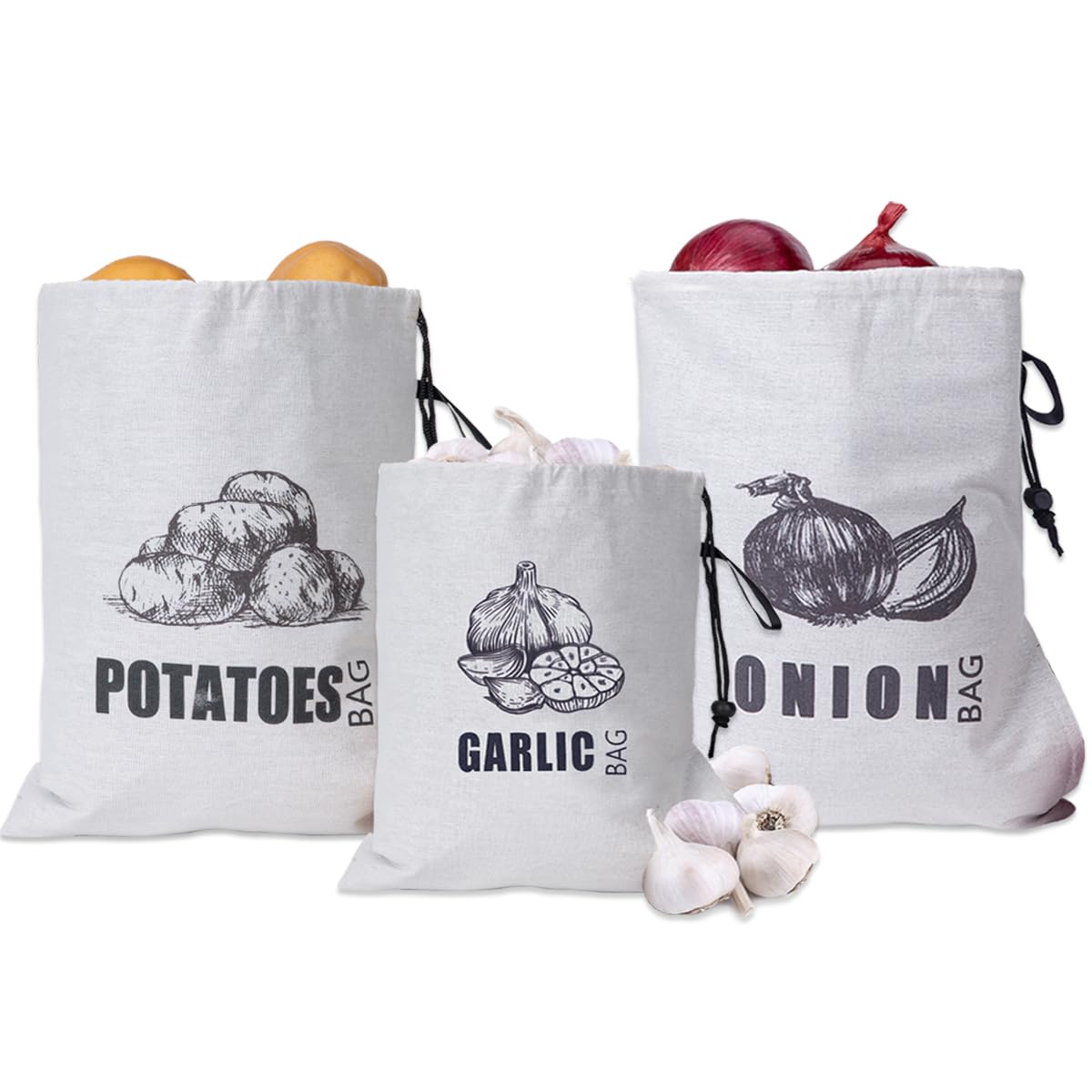 TOGETRUE Potato Onion Garlic Storage Bag, Fabric Onion and Potatoes Storage Bag, Washable Garlic Potatoes Onions Keeper with Drawstring, 3 Pack (Garlic Onion Potato Bag)