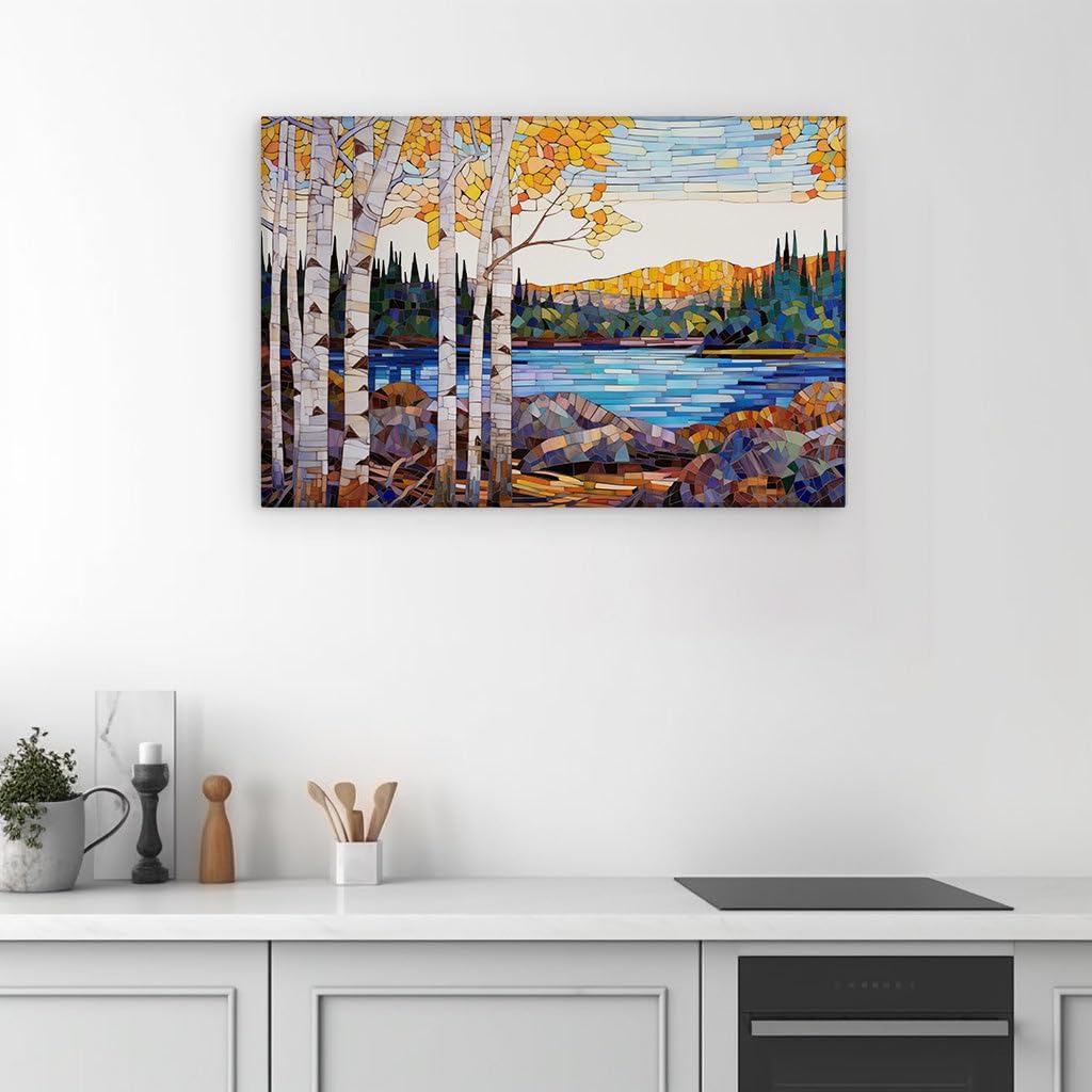 Canvas for Living room. Autumn Serenity Captured in Mosaic � An Artistic Ode to Riverside Tranquility, 27 x 18 inch Canvas Wall Art - Contemporary Masterpieces - Modern Home Decor