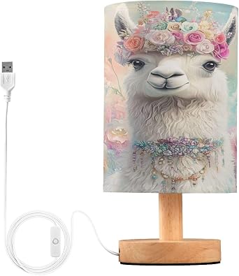 Dussdil Color Flowers Alpaca Lama Table Lamp Bedroom Bedside Night Reading Desk Lamps Cylinder Nightstand Sleeping Light Lamp for Kids Living Room Office Decor