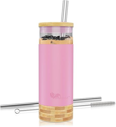 Miniatura 1 de Kai 'Omole Vaso de 20 onzas con tapa y popote, funda protectora de silicona, tapa y base de bambú, taza Boba, taza para café helado, botellas de