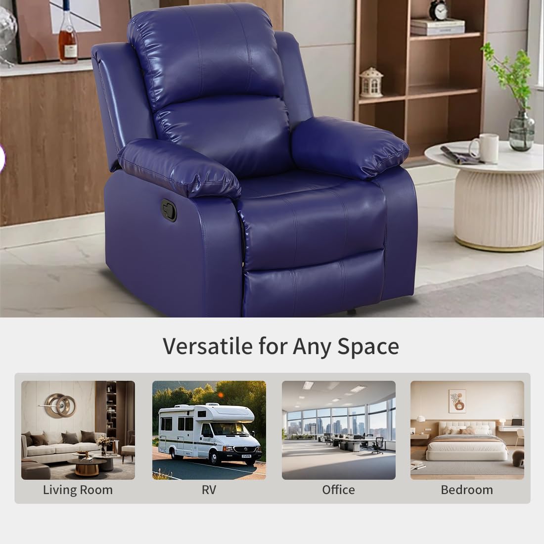 Toseslo Manual Recliner Chair Set, Living Room Furniture Sets with Adjustable Footrests, Modern Single Reclining Sofa Chair, Leather Reclining Couches, Recliner Furniture for RV/Apartment(Blue) view 5