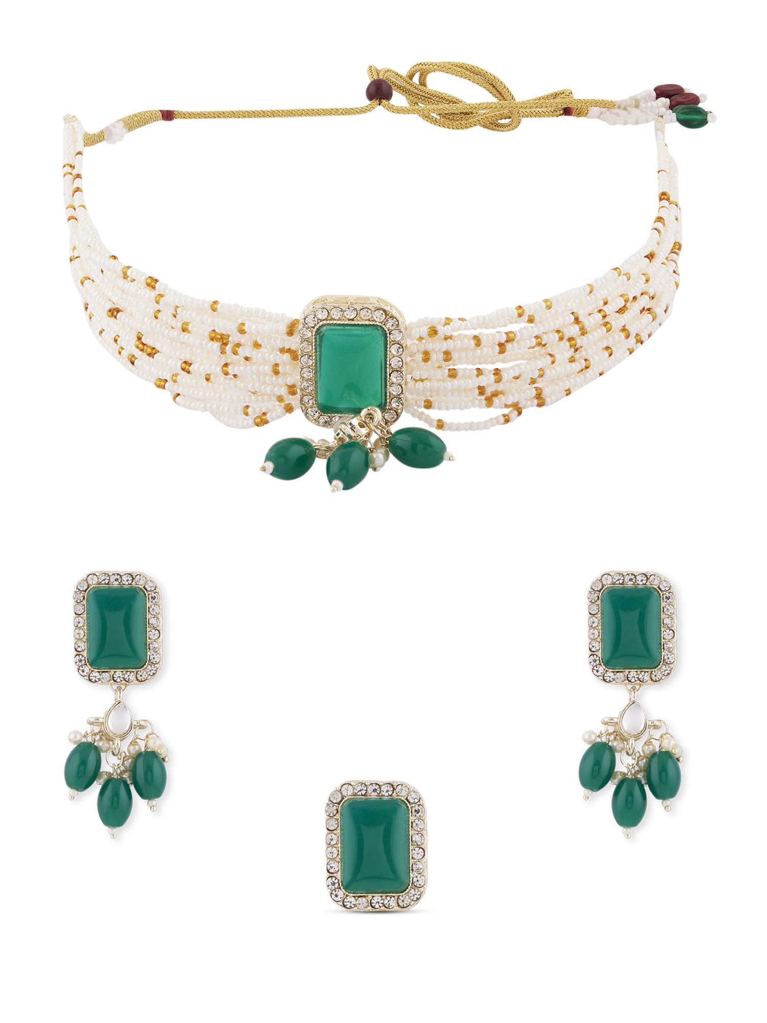 ZAVERI PEARLS Green Multistrand Stones & Beads Choker Necklace Earring & Ring Set For Women-ZPFK16521 (B0CKJ2DDM2) Amazon Price History, Amazon Price Tracker