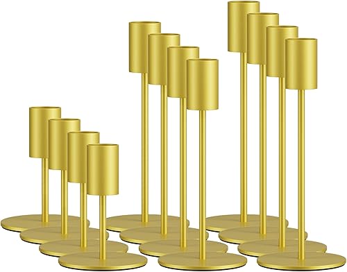 Juego de 12 portavelas cónicos dorados a granel, candelabros decorativos para mesa o mantel de mesa, boda, comedor, fiesta, decoración del hogar