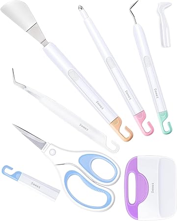 Sooez Weeding Tools for Vinyl, 6PCS Basic Tools Set fits Cricut, Precision Craft Vinyl Tool Kit, Scoring Stylus/Weeder/, Scraper/Spatula/Tweezers/Scissors for Vinyl,Paper & Iron-on Projects,Colored