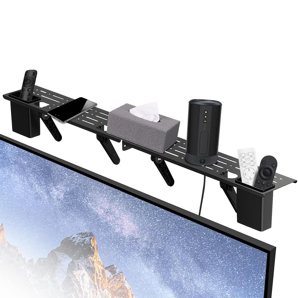 ZIBUYU® Steel TV Top Shelf, Adjustable Screen Shelf Floating Stand with 2 Storage Boxes, Computer Screen Shelf Tv Setup Box Shelf for Soundbar, Media Boxes, Game Console, Router and Home, 35.4×4.3inch