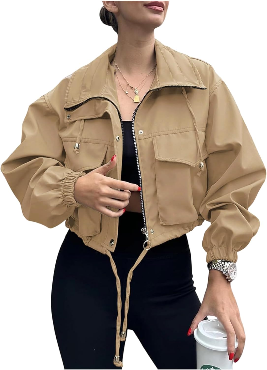 EFOFEI Women Casual Cropped Jackets Zip Up Lightweight Coats Military Short Utility Bomber Coat with Pockets