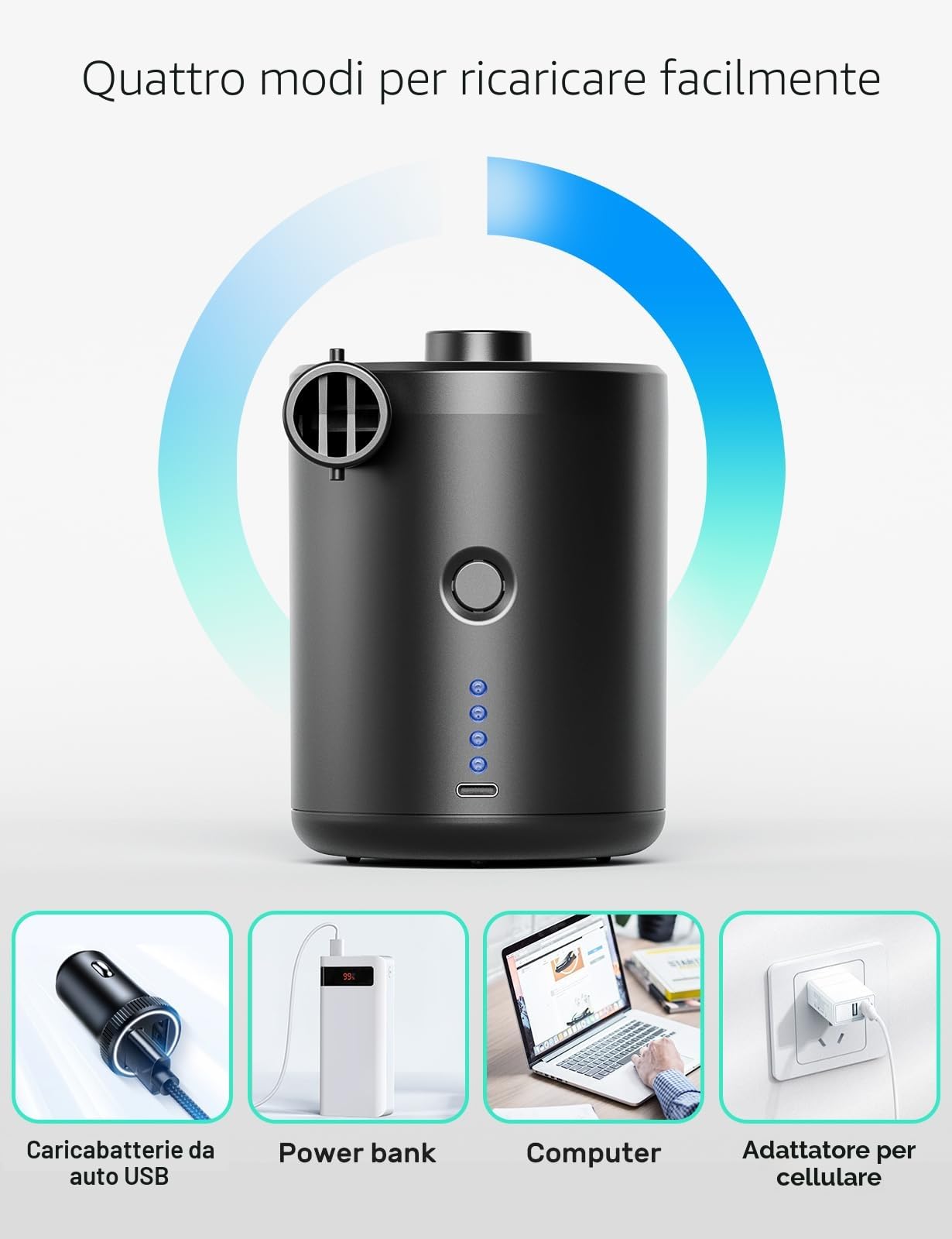 QPAU Pompa Elettrica, 5000mAh Pompa Elettrica per Materasso Gonfiabile, Gonfiatore Sgonfiatore a Riempimento Rapido Gonfiatore Elettrico Portatile con 3 Ugelli per Materassino Campeggio