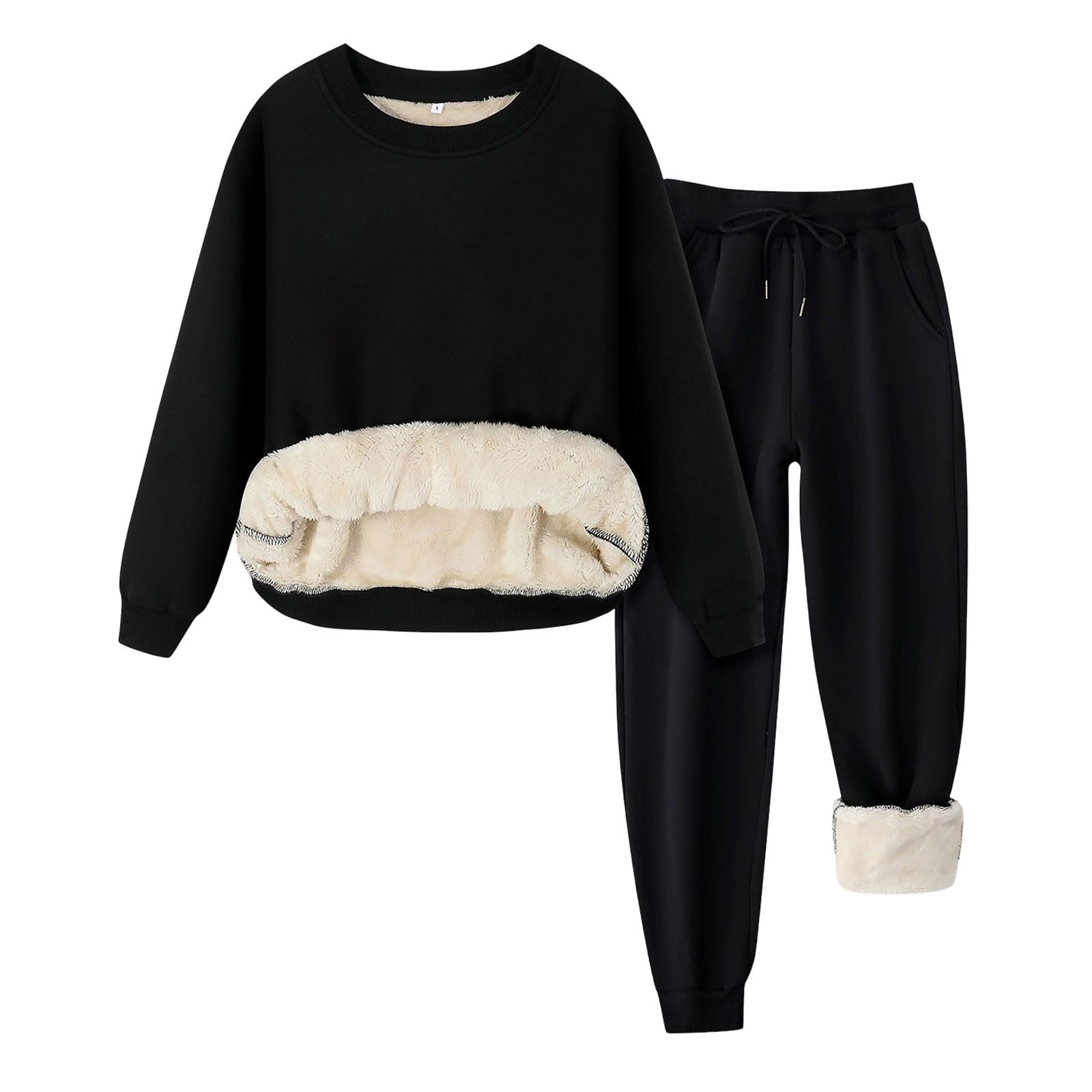 Winter-Fleece-Trainingsanzug Damen Kuschelig Gefütterter Hoodie mit Passender Jogginghose Bequemer Zweiteiler für Lässige Freizeitoutfits