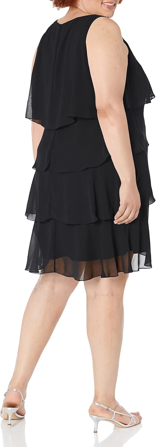 S.L. Fashions Womens Plus-Size Solid Multi-Tier Dress Embellished Shoulder Dress