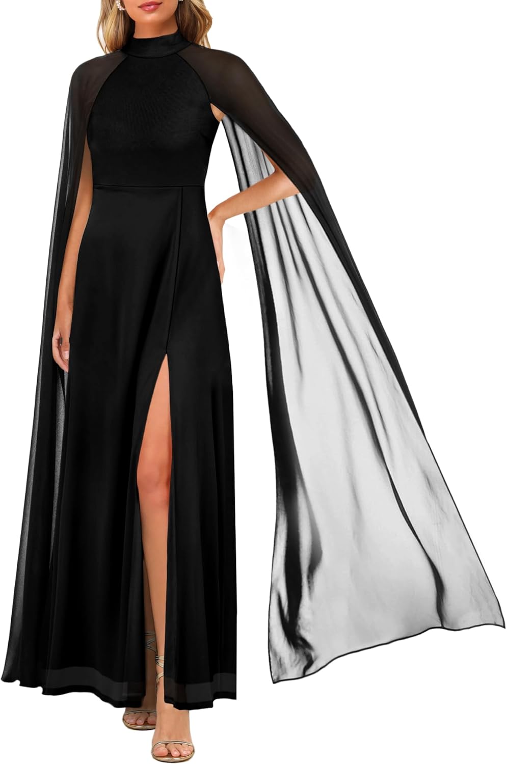 MAYFASEY Women's Elegant Long Sleeve Halter Neck Sexy Split Cocktail Evening Party A Line Maxi Long Formal Dress with Cape