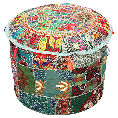 Asiento Pouffe Vintage Reposapiés Cubierta de Banco Verde Oscuro Indian Patchwork Bordado...