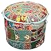 Asiento Pouffe Vintage Reposapiés Cubierta de Banco Verde Oscuro Indian Patchwork Bordado Algodón Tradicional Redondo Tela Puf otomano Cubierta (16x16x13 Pulgadas) 40cm
