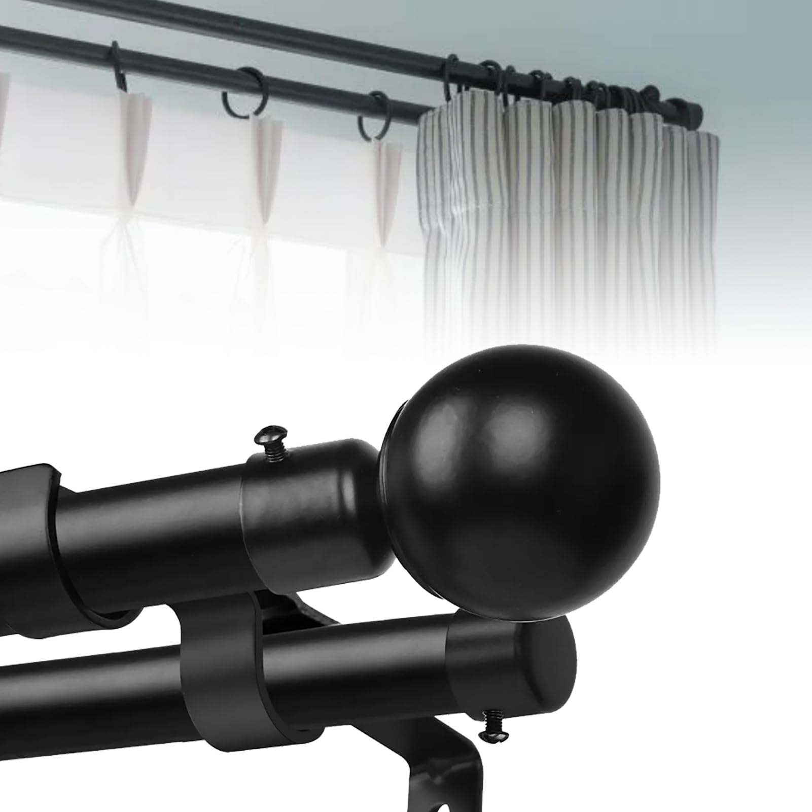 Tringle à Rideau Double Moderne et Robuste avec extrémité Sphérique en Métal, Double Tringle à Rideau Extensible pour Cuisine, Chambre à Coucher, Fenêtre, Bureau, Noir