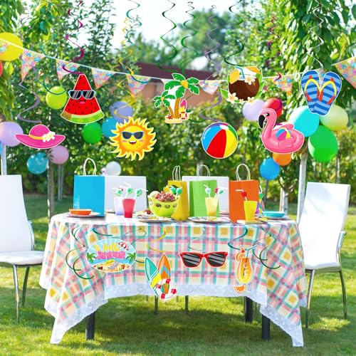 Image of Hooqict 54Pcs Summer Beach Pool Hanging Swirls Party Decorations Foil Ceiling Hanging Swirls for Summer Birthday Decorations Hawaiian Luau Tiki Beach Party Supplies