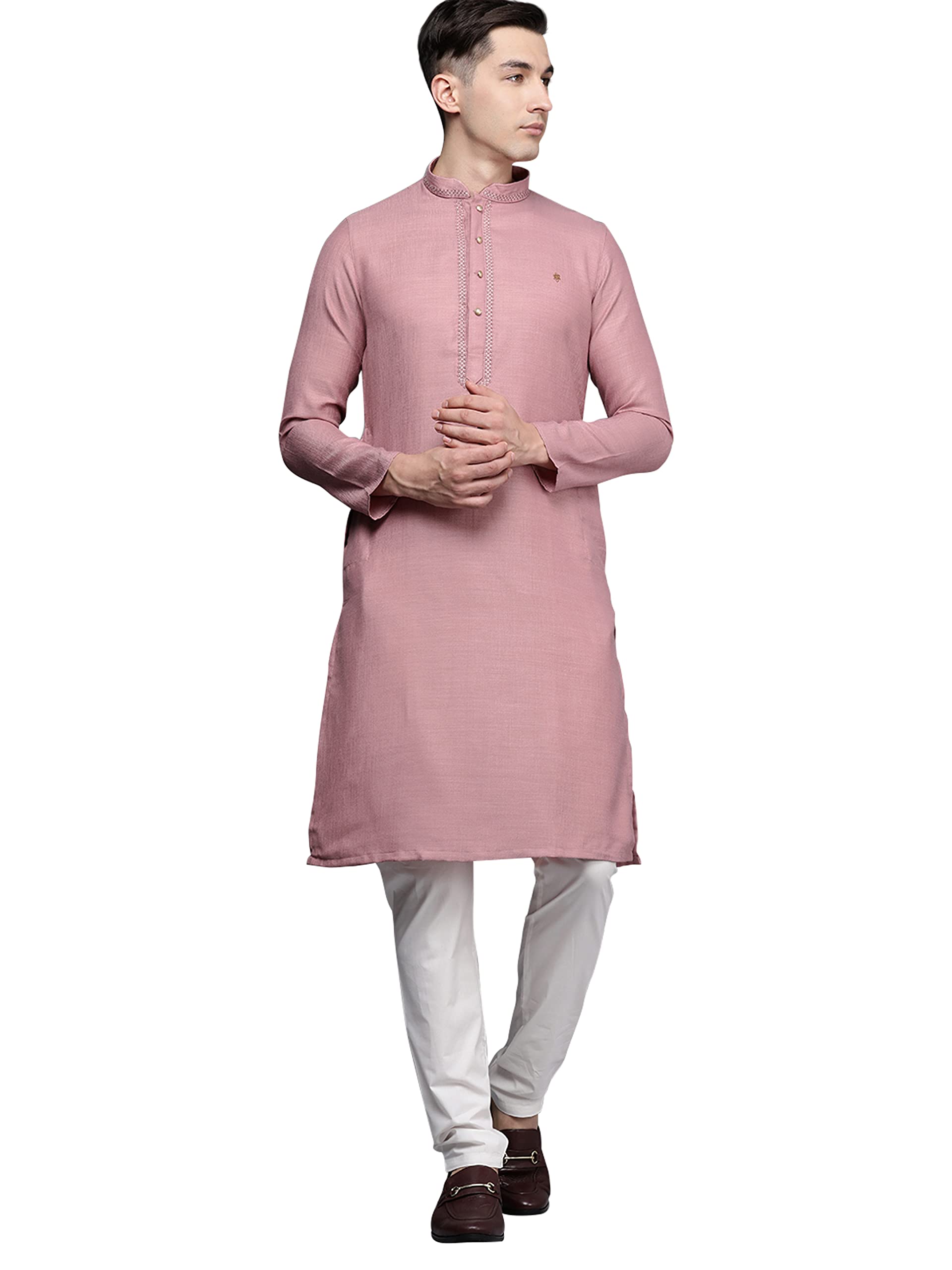 Manyavar Set Kurta da uomo in tinta unita ricamato (2 pezzi)