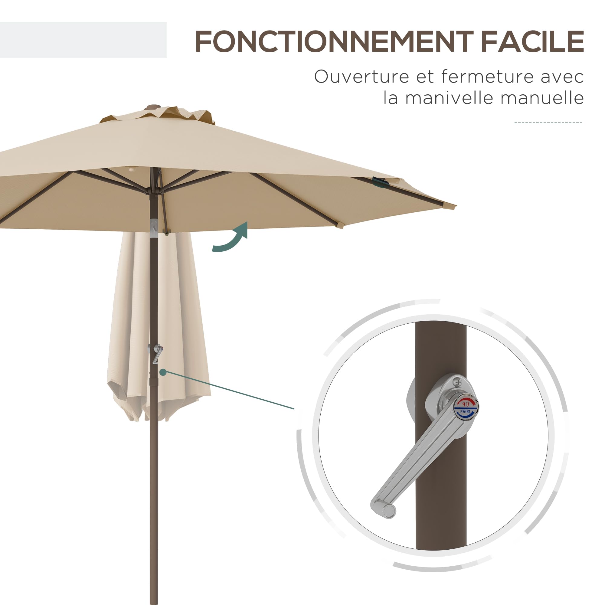 Outsunny Parasol de Jardin Parasol Droit Rond en Métal Ø 2,63 m Beige