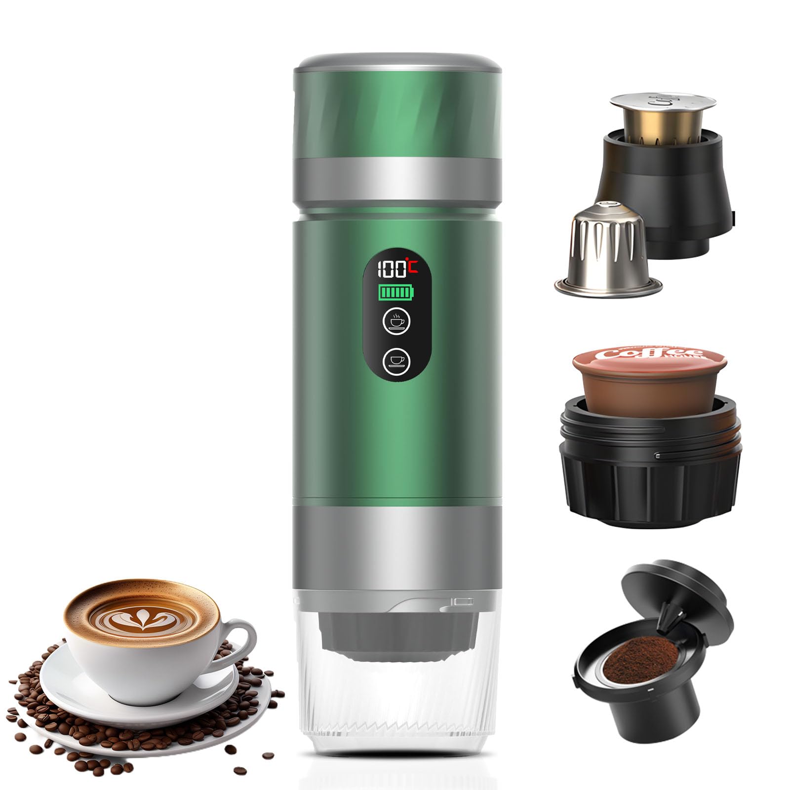 Aischen Cafetera Portátil para Coche, Cafetera de Viaje con Calentamiento Eléctrico USB-C, Compatible con Cápsulas NS y Café Molido,80ml Minicafetera para Camping,Oficina y Senderismo