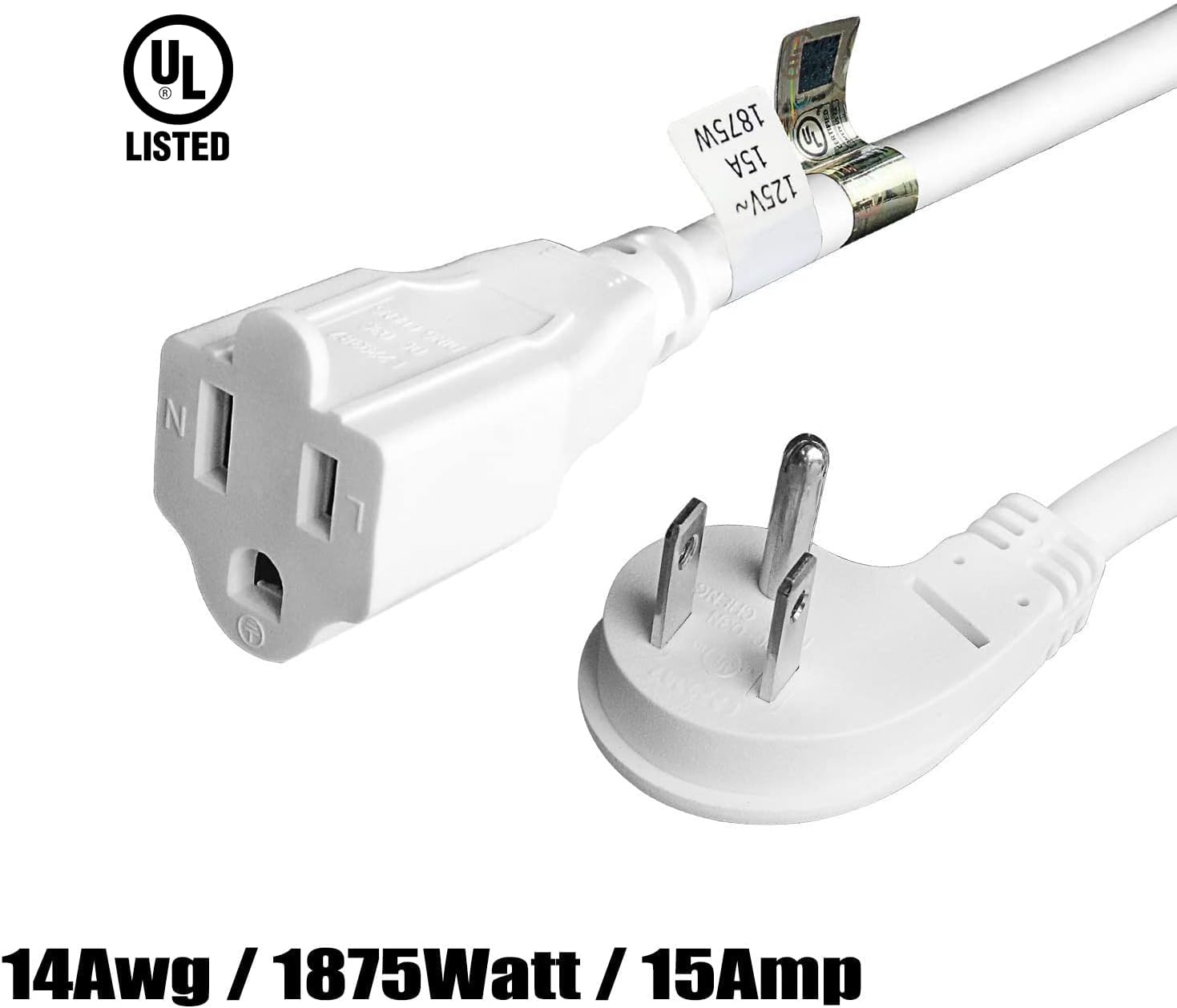 FIRMERST 1875W Low Profile Flat Plug 2Ft Extension Cord 14AWG 15A White UL Listed